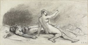Naga kobieta siedząca z nagim mężczyzną śpiącym (rekto); Kobiecy tułów widziany z tyłu (odwrócona) autorstwa Jean Beraud