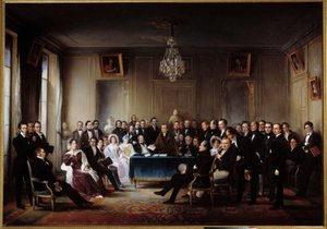 Poeta i dramaturg Francois Guillaume Andrieux czyta swoją tragedię Junius Brutus „” w foyer w Komedii Francuskiej w dniu 26.05.1828” Wśród prezentów Alexandre Dumas, Pierre Nicolas Michelot, Jean Francois Becquerel, Firmin, Victor Hugo, Eugene autorstwa Jean Beraud