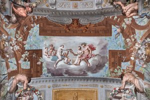 Wenus daje koronę Ariadnie; na chmurach Wenus, otoczona amorkami, ofiarowuje koronę Wulkana Ariadnie siedzącej obok Bachusa