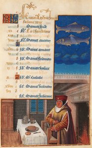 Godzinki Ludwika XII (dawniej Godzinki Henryka VII), liść kalendarza na miesiąc luty, ok. 1490-1510 (tempera na welonie) autorstwa Jean Bourdichon