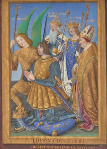 Ludwik XII, król Francji, klęczy w modlitwie w towarzystwie świętych Michała, Karola Wielkiego, Ludwika i Denisa autorstwa Jean Bourdichon
