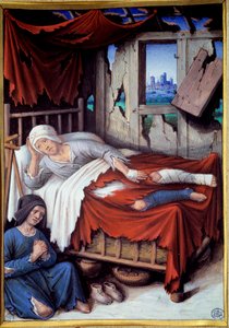 Śmierć biednego człowieka. Kobieta przy łóżku umierającego mężczyzny, módl się. Obraz Jeana Bourdichon (v.1457-1521)