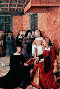 Poeta Jean Marot (1450-1526) przekazał Annie Bretanii (1477-1514), ok. 1508 swoją pracę Podróż do Genui, miniaturę Jeana Bourdichon (1457-1521). Francja autorstwa Jean Bourdichon