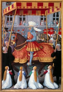 Triumfalny wjazd króla Ludwika XII (1462-1515) do Genes w kwietniu 1507 r. Miniatura zaczerpnięta z "Le voyage a Genes" Jeana Marota (1450-1526) powiększona przez Jeana Bourdichona (1457-1521) 1508. Paryż, B.N.