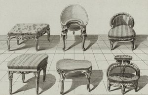 Taborety, bidety toaletowe, podnóżki, wydana w połowie lat siedemdziesiątych (rycina na papierze czerpanym) autorstwa Jean Charles (after) Delafosse