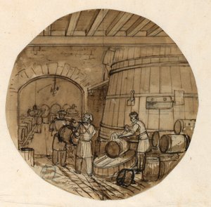Rysunek, projekt malowanego porcelanowego talerza, wnętrze destylarni wina, 1831-44 autorstwa Jean Charles Develly