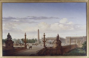 Place de la Concorde, widok z tarasu nad wodą; król Ludwik Filip przejeżdża przez plac w powozie, 1846 (olej na płótnie) autorstwa Jean Charles Geslin