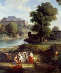 Odyssee of Homere: „”Ulisses widzi Nausicaa, córkę króla Alcynoosa, grającą w piłkę ze swoimi zwolennikami”” Szczegół. Obraz Jeana Charlesa Remonda (1795-1875) 1830 Nantes, Musee des Beaux Arts