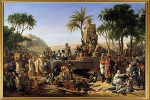 Kampania (wyprawa) egipska (1798-1801): „”Zatrzymaj armię francuską w Syene w Górnym Egipcie, 2.02.1799”” Żołnierze odpoczywają. Obraz Jean Charles Tardieu dit Tardieu Cochin (1765-1830). 1812. wym. 1,12x1,64m.