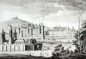 Widok opactwa Saint-Germain-des-Pres, Luwru, Petit Bourbon, Montmartre i Sekwany w 1410 r., rytowany przez Antoine Herisset (1685-1769) autorstwa Jean Chaufourier