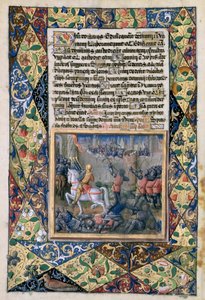 Ms Lat. Q.v.I.126 f.38v Rehoboam prowadzący wojnę przeciwko Jeroboamowi, z "Księgi godzin Ludwika Orleańskiego", 1490 r. autorstwa Jean Colombe
