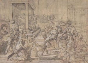 Amya wnosząca petycję do Fausta o kustodię św. Mamy, ok. 1543 r. autorstwa Jean Cousin