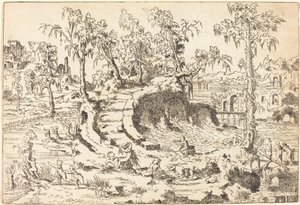 Putti bawi się w fantazyjnym krajobrazie autorstwa Jean Cousin the Younger