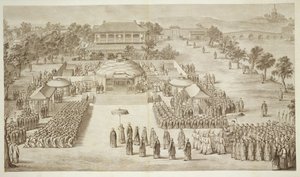 Cesarz Qianlong odbiera hołd podbitych Eleutów (Tatar Kalmucks) płyta 2 z serii rycin przedstawiających podboje cesarza Chin, rytowana przez Jacquesa Philippe