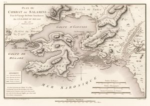 Plan bitwy pod Salaminą Pour le Voyage du Jeune Anacharsis (Plan bitwy pod Salaminą 480 pne) autorstwa Jean Denis Barbie du Bocage (1760-1825) z Voyage du Jeune Anacharsis en Grece (Podróże Ana autorstwa Jean Denis Barbie du Bocage