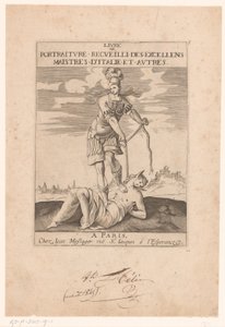 Minerva wiąże Głupotę liną Strona tytułowa dla: s.n., Livre de portraiture receuilli des excellens maistres d