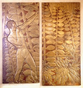 Cztery lakierowane i złocone drewniane panele z „La Chase”, ok. 1935-1949 (lakierowany i złocony panel drewniany)