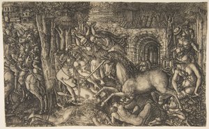 Król ścigany przez jednorożca, z serii Jednorożce, ok. godz. 1555. autorstwa Jean Duvet