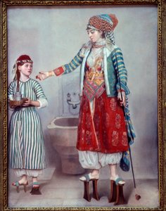 Orientalizm: „”Francuska dama ubrana w Turka i jej niewolnica”” Dwie kobiety noszą drewniane platformy używane w łaźni tureckiej. Obraz pastelowy Jean Etienne Liotard (1702-1789) 1742 wym. 0,71 x 0,53 m Genewa, musee d