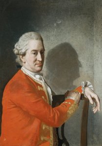 Portret Jamesa Hamiltona, 2. hrabiego Clanbrassil, do połowy długości, w czerwonym płaszczu, siedzącego na mahoniowym krześle, jego profil odlany w cieniu na ścianie z tyłu, 1774 autorstwa Jean Étienne Liotard
