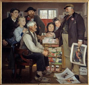 Scena propagandy piekarza. Piekarz próbuje przekonać starego farmera do przyłączenia się do imprezy. Obraz Eugene Buland (1852-1927)