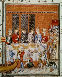Bankiet wydany przez króla Francji Karola V (1338-1380) w Pałacu Cite na cześć cesarza Karola IV (1316-1378) i króla Czech Wacława IV (1363-1419). Miniatura z „Wielkich kronik Francji” Jeana Fouqueta (1420-1481), Paryż, B.N. autorstwa Jean Fouquet