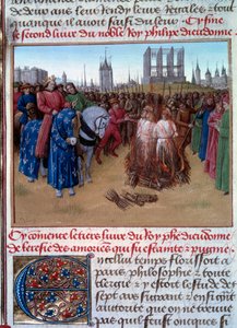 Potępienie i tortury Amauryjczyków (zwolenników Amaury de Chartres, francuskiego filozofa i teologa XII wieku) w obecności Filipa II znanego jako Philip Auguste (1165-1223). Rękopis „” Grandes Chronicles de France „” (Folio 236 autorstwa Jean Fouquet