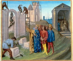 Budowa pałacu w Akwizgranie (796-805) przez Karola Wielkiego (742-814), który nadzoruje budowę. Po prawej Pepin Humbak (770-811) zostaje mnichem. Miniatura z „Les Grandes Chronicles de France”” ogłoszona przez Jeana Fouqueta (1420-1 autorstwa Jean Fouquet