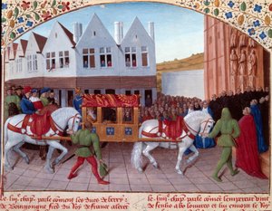 Wejście Karola IV (1316-1378) cesarza niemieckiego w 1378 r. w Saint-Denis. Miniatura z „Grandes Chronicles de France”” (Folio 442). Enlumine – Jean Fouquet (XV wiek) autorstwa Jean Fouquet