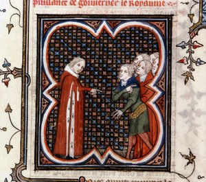 Etienne Marcel, przewładca kupców paryskich, nakazał królowi Janowi II Dobremu (1319-1364) szanować „Wielką Ordonację” z 1357 r. i wyrzucał mu swoje postępowanie w „Wielkich kronikach Francji” Jeana Fouquet (1420-1481), c. 1460 autorstwa Jean Fouquet