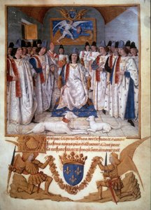 Odbyta kapituła Orderu Świętego Michała wokół Ludwika XI (1423-1483) Miniatura ze „Statutów Orderu Świętego Michała” Jeana Fouqueta (1420-1481) 1470 Paryż, B.N. autorstwa Jean Fouquet