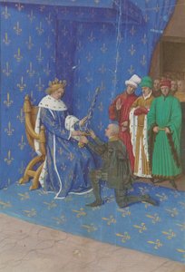 Jean Fouquet - Wręczenie miecza Bertrandowi Duguesclinowi - Iluminacja (XV w.) autorstwa Jean Fouquet