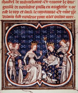 Król Francji Filip I (1052-1108) z żoną Berthe of Hollande i dziećmi Konstancją Francuską (1078-1125) i Ludwikiem VI (1081-1137) Miniatura z „”Les grandes Chroniles de France”” (ms. fr. 2813 k. 182) 1375-1380 Paryż, B.N. autorstwa Jean Fouquet
