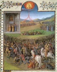 Ms Fr 247 f.70 Bitwa Hebrajczyków przeciwko Kananejczykom i kara Koracha i buntowników, ilustracja z „Antiquites Judaiques”, c.1470 autorstwa Jean Fouquet