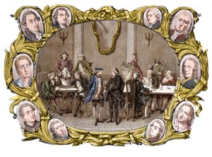 Paryż - Kawiarnia „Procope” w XVIII wieku od prawej do lewej, w medalionach, Georges Louis Leclerc, Comte de Buffon, Nicolas Joseph Florent Gilbert, Denis Diderot, Jean le Rond d