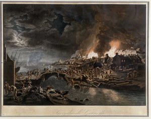 Granville w płomieniach oblężonych przez Wandejczyków, na podstawie obrazu J. François Hue, ok. 1930 r. 1800. autorstwa Jean Francois Hue