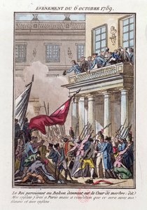 Ludwik XVI ukazujący się na balkonie Wersalu 6 października 1789 r., aby powiedzieć paryskiej motłochu, że pojedzie do Paryża pod warunkiem, że podróżuje z nim żona i rodzina