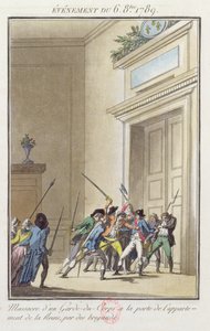 Tłum paryżan atakujący i zabijający strażnika przy wejściu do apartamentów królowej w Wersalu 6 października 1789 r. autorstwa Jean Francois Janinet