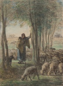 Pasterka i jej stado w cieniu drzew, 1854-55 (kredka conté i pastel na papierze wykładanym) autorstwa Jean Francois Millet