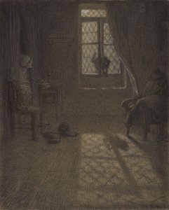 Le chat czyli Kot przy oknie, 1857-58 (kredka conté i pastel z wbijaniem i blendowaniem, utrwalone na papierze tkanym) autorstwa Jean Francois Millet