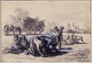 Miesiąc sierpień: The Gleaners, ok. 1851-52 (pastel czarno-biały na papierze) autorstwa Jean Francois Millet