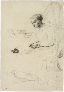 The Wool Carder (rekto); Fragmentaryczny szkic człowieka stojącego przy płocie (verso) autorstwa Jean Francois Millet
