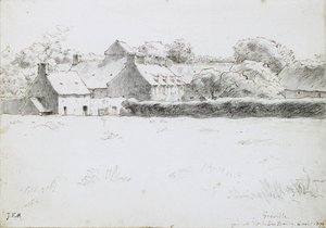 Widok zabudowań gospodarczych na pole, 1871 (grafit z czarną kredą, piórem, tuszem i kredką na papierze) autorstwa Jean Francois Millet