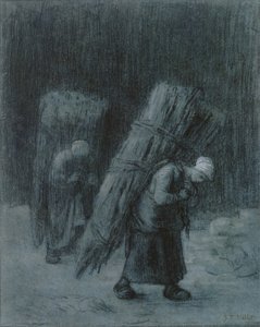Mulheres carregando galhos, c.1858 (carvão realçado com guache branco, borda de carvão, sobre papel azul-acinzentado grosso)polonês autorstwa Jean Francois Millet