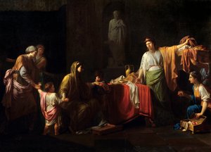 Szczegół: Cornelie (189 - 110 pne) matka Graków - Tiberius Sempronius Gracchus i jego brat Caius Sempronius Gracchus nazywany Gracques, rzymscy mężowie stanu - Obraz Jeana Francois Peyrona (1744-1814)