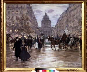 „Boulevard Saint Michel” Widok na Rue Soufflot i Panteon z Ogrodu Luksemburskiego i bulwaru Saint-Michel w Paryżu, taksówki i eleganckie pary ożywiają ulicę o zmroku. Obraz Jeana Francois Raffaelli (18 autorstwa Jean Francois Raffaelli