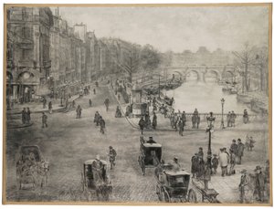Paryż, Place de Saint Michel z Quai des Grands Augustins i Pont Saint Michel na pierwszym planie oraz Pont Neuf i Luwr w tle, ok. 1900 autorstwa Jean Francois Raffaelli