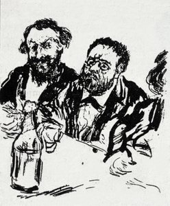 Malarz Edouard Manet (1832-1883) i pisarz Emile Zola (1840-1902) przy stole Karykatura Jeana Francois Raffaelli (1850-1924) autorstwa Jean Francois Raffaelli