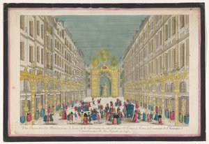 Widok dekoracji Rue de la Feronnerie w Paryżu z okazji restauracji Ludwika XV, króla Francji w 1745 r. Vue perspective des lightings de la Ruë de la Feronnerie du Côté de la Ruë St. Denis a Paris (...) (tytuł na