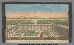 Widok na ogród i Palacio del Buen Retiro w Madrycie Vüe ​​​​perspective du Palais Royal et des Jardins du Buen Retiro, en Espagne (tytuł na obiekcie) autorstwa Jean François Daumont